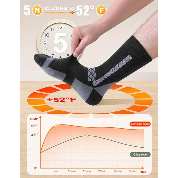 Merino Wool Socks for Men, 5 Pairs Thermal Warm Hiking Super Thick Crew Work Cus - Picture 2 of 6